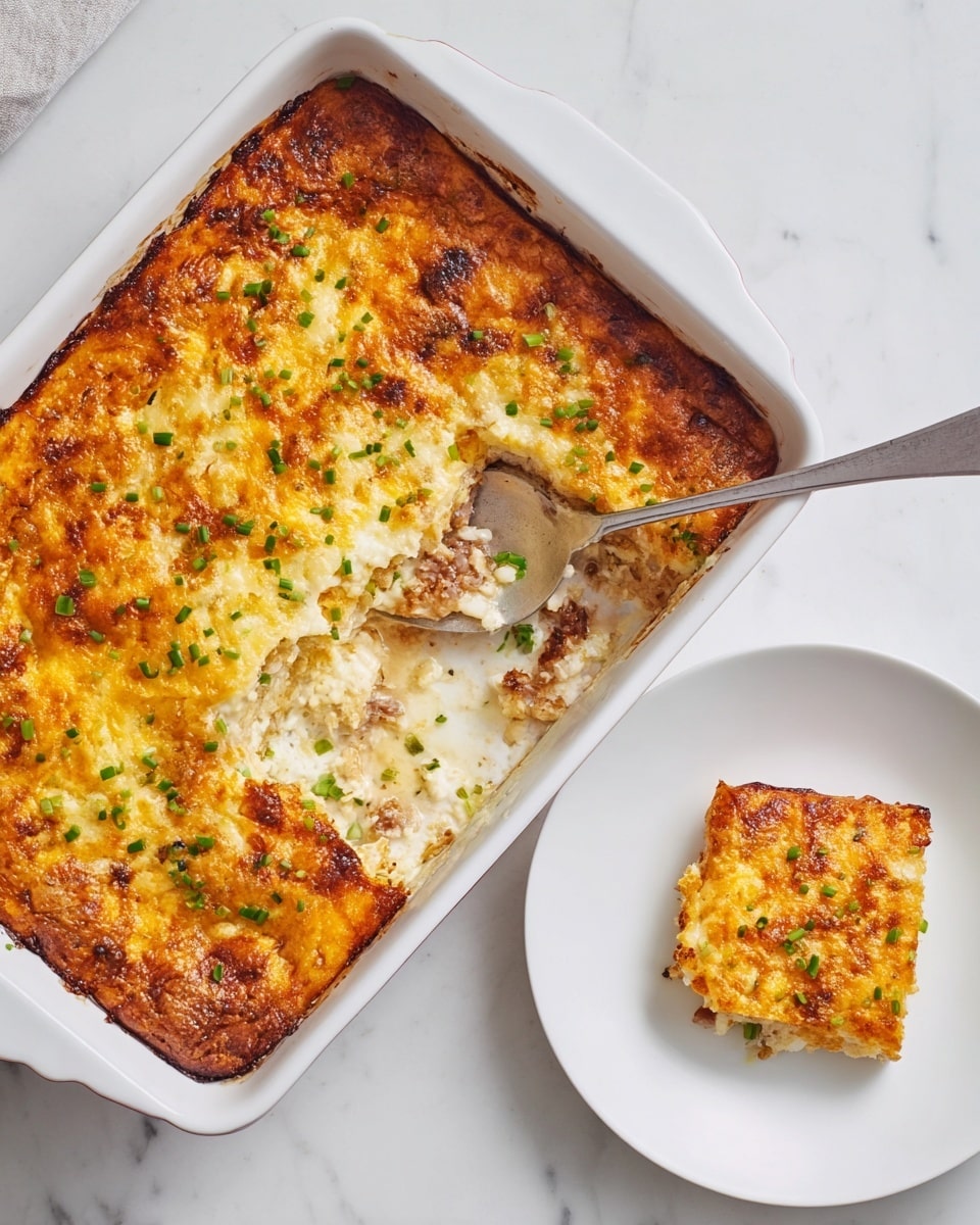 A white rectangular baking dish filled with a baked casserole that has a golden-brown, slightly crispy cheese layer on top, sprinkled with chopped green herbs. Part of the casserole is scooped out, showing a creamy inside with a mix of white and light brown layers, including bits of meat and cheese. A spoon is resting inside the dish, partly submerged in the casserole. Next to the baking dish, a white plate holds a square piece of the casserole, revealing the layered texture clearly. The setup is on a white marbled surface. photo taken with an iphone --ar 4:5 --v 7