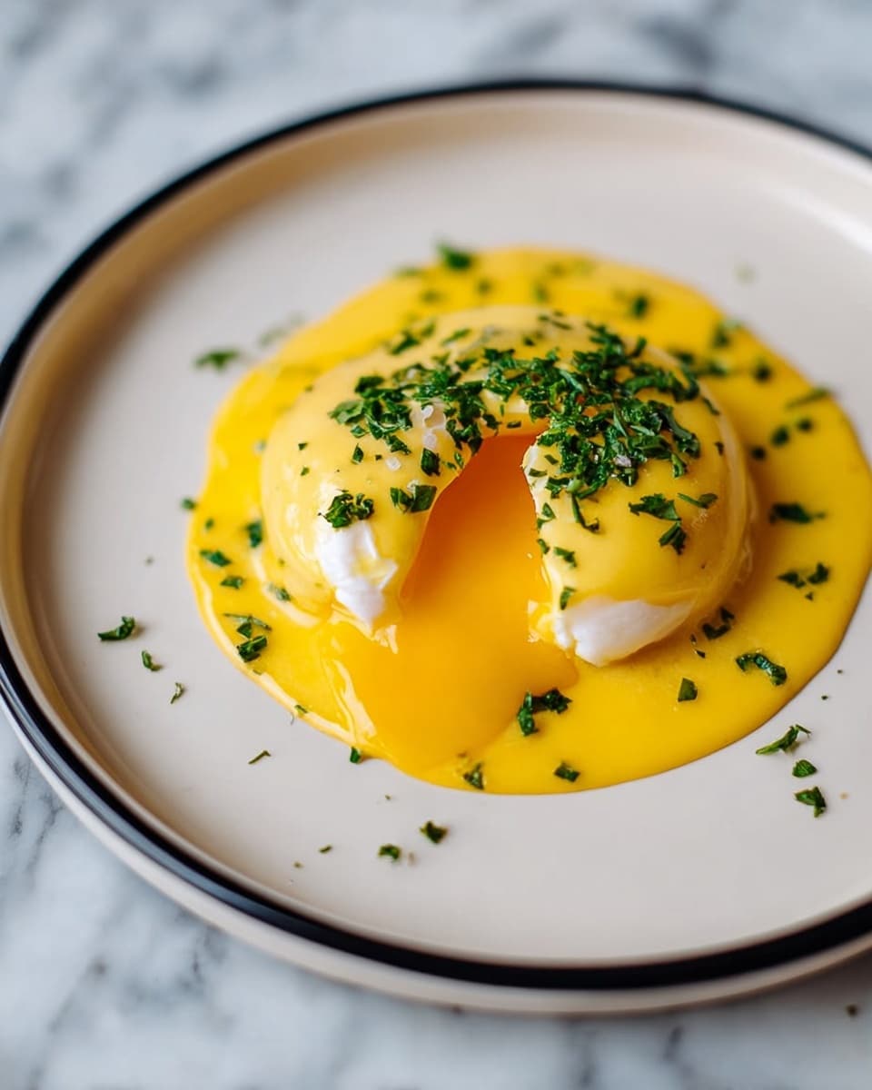 A white plate with a black rim holds a dish featuring a poached egg split open at the center, revealing bright yellow yolk flowing out. The egg is covered in a smooth, glossy yellow sauce and topped with finely chopped green herbs scattered on top. The plate is placed on a white marbled surface. photo taken with an iphone --ar 4:5 --v 7