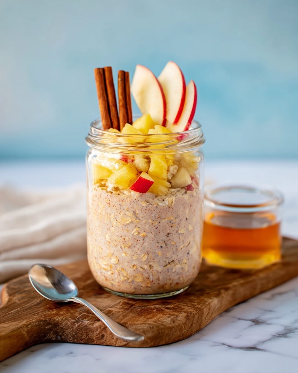 A clear glass jar filled with three visible layers: the bottom and top layers consist of a creamy, beige, speckled mixture of oats and chia seeds, the middle layer contains pieces of yellow pineapple and red apple chunks. On top, there are three thin slices of red apple arranged upright with two cinnamon sticks behind them. The jar sits on a wooden board with a small glass cup of golden honey and a silver spoon lying beside it. The background is a white marbled texture with a soft blue wall behind. photo taken with an iphone --ar 4:5 --v 7