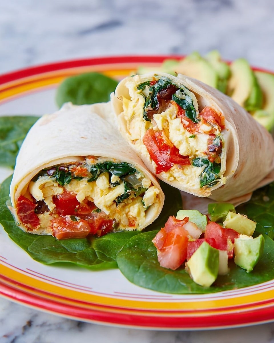 Two halves of a wrap are placed on green spinach leaves on a white plate with a red and yellow rim. The wrap shows several visible layers: the outer white soft tortilla, followed by fluffy scrambled eggs, bright red chopped tomatoes, dark green cooked spinach mixed with bits of onions, and some reddish salsa on top. Next to the wrap, there are small pieces of avocado and a mix of chopped tomato, onion, and white cheese. The plate sits on a white marbled surface. photo taken with an iphone --ar 4:5 --v 7