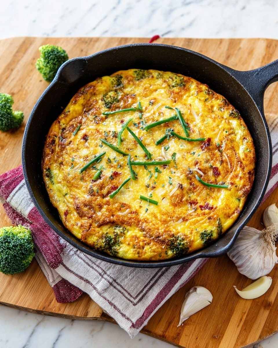 A golden-brown baked frittata sits in a black cast iron skillet, with a slightly crispy top layer showing melted cheese and thin green herb strips scattered on the surface. The middle layer is a creamy, yellow egg mixture with visible green broccoli pieces and small bits of red, likely tomato or pepper, mixed inside. The skillet rests on a striped cloth, which is on a wooden board with small pieces of broccoli, white onion, and garlic cloves placed around. The background is a white marbled texture. Photo taken with an iphone --ar 4:5 --v 7