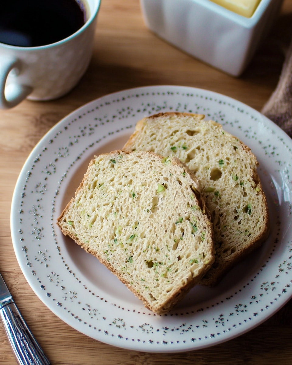 Two slices of light beige bread with green herbs mixed inside are placed side by side on a white plate with a raised dotted pattern around the edge. The bread has a soft texture with small air holes visible throughout. To the left, there is a glass filled with dark coffee showing bubbles on the top, and to the right, there is a glass bowl with a pale yellow stick of butter and a butter knife resting on the bowl’s edge. All items sit on a white marbled surface. photo taken with an iphone --ar 4:5 --v 7
