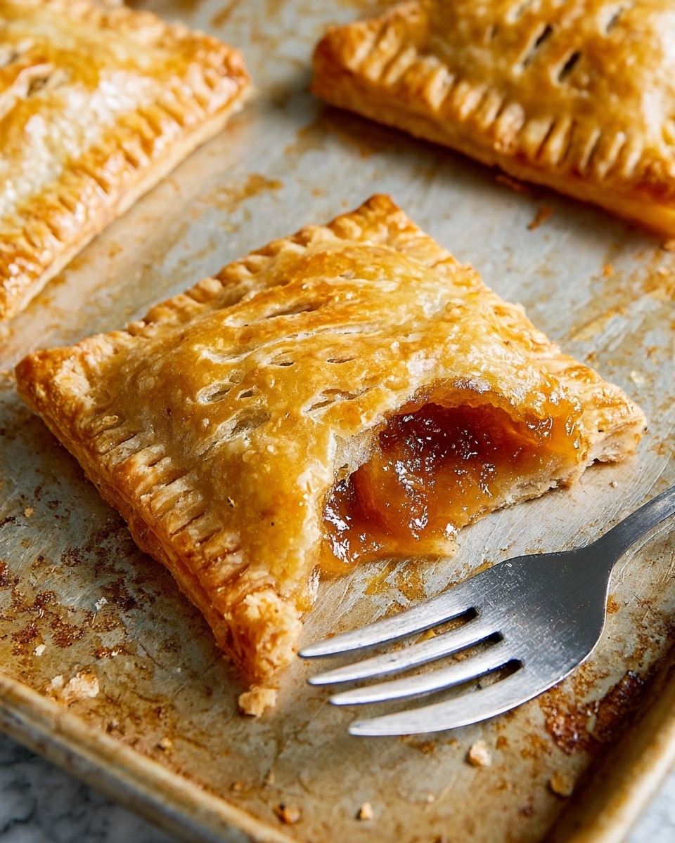 The image shows a close-up of a square, golden-brown pastry with a flaky texture, one corner broken open to reveal a shiny, sticky, amber-colored filling inside. The pastry has small fork marks around the edges and tiny ventilation holes on top. It rests directly on a metal baking tray with some grease stains. Nearby, there is a silver fork with four tines placed on the tray. The background is a white marbled texture. Photo taken with an iphone --ar 4:5 --v 7