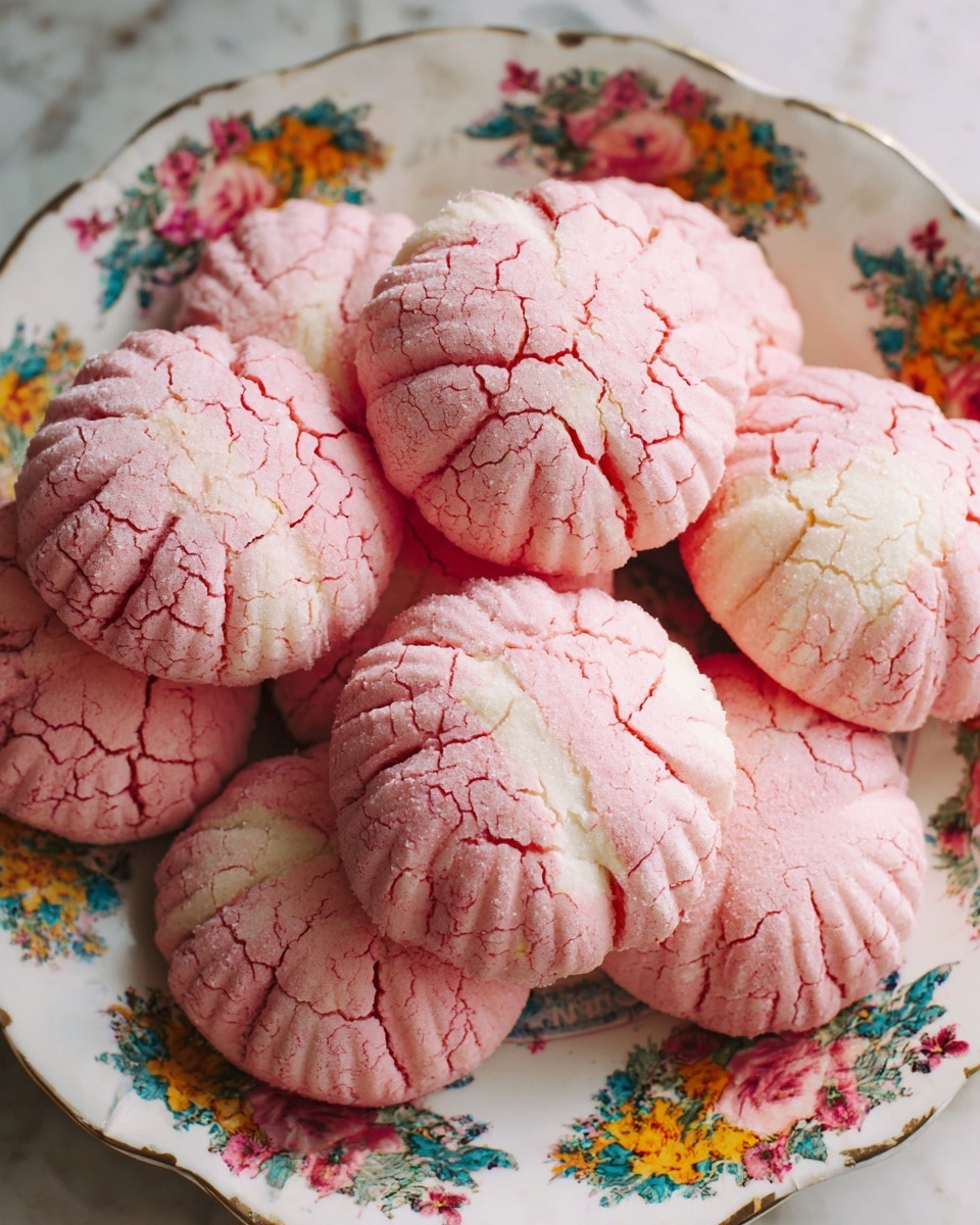 The image shows a close-up of several pink conchas, a type of Mexican sweet bread, stacked on a floral patterned plate with soft light. Each concha has a cracked, shell-like, textured top layer in shades of pink, with deep grooves radiating outward, revealing a lighter, almost white dough underneath. The pink topping is slightly rough and crumbly, creating a contrast with the smooth dough beneath. The plate is set against a white marbled textured surface. photo taken with an iphone --ar 4:5 --v 7
