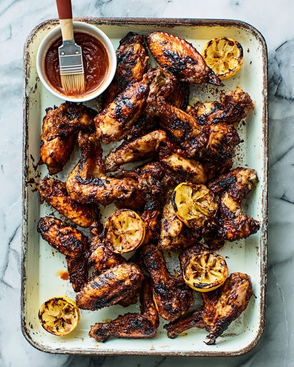 A white baking tray filled with about sixteen grilled chicken wings, each with a dark, charred, and crispy skin showing shades of brown and black, scattered unevenly across the tray. Interspersed among the wings are several slices of grilled lime, showing a slightly burnt, caramelized surface with green and brown tones. In the lower left corner of the tray is a small white bowl holding a dark reddish-brown sauce, with a brush dipped inside it resting on the edge. The tray sits on a white marbled textured surface with subtle gray veins. photo taken with an iphone --ar 4:5 --v 7
