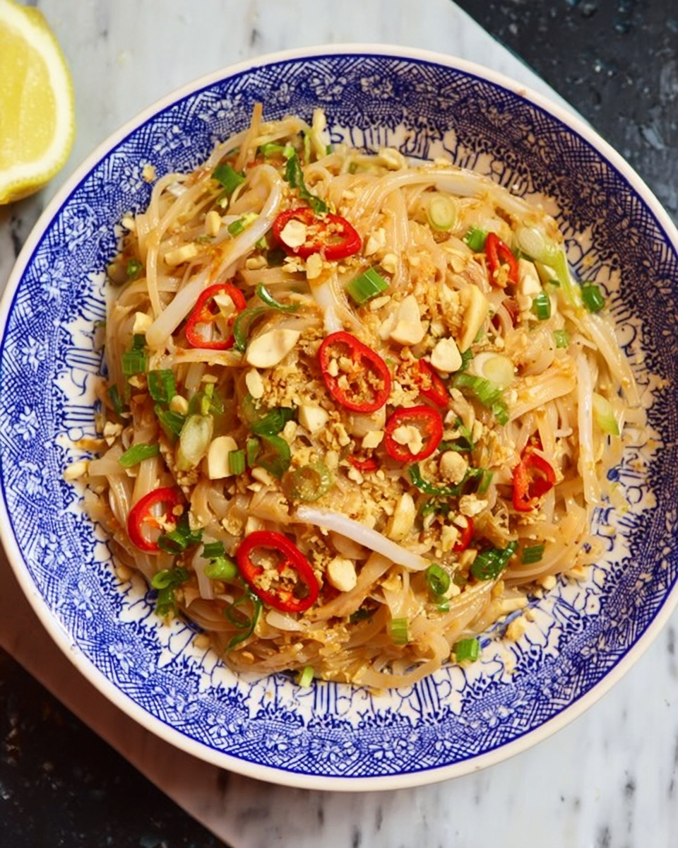 A white bowl with blue patterns holds a dish made of light brown rice noodles as the base layer, mixed evenly with small pieces of light yellow scrambled egg scattered throughout. On top, there are slices of red chili pepper, chopped green onions, and light tan chopped peanuts, adding a mix of colors and textures. To the side, there are dark brown wooden chopsticks and a lemon wedge placed on a white marbled surface. photo taken with an iphone --ar 4:5 --v 7
