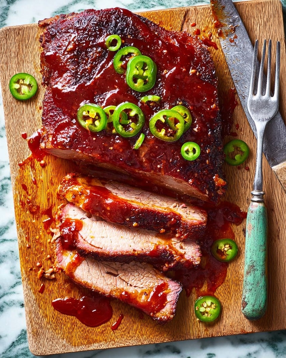 A wooden cutting board holds a large piece of sliced barbecue meat covered with thick, shiny reddish-brown sauce. The meat is cut into five pieces, showing a tender pink inside with a darker crust on the edges. Bright green slices of jalapeño pepper are scattered on top and around the meat. To the right of the cutting board, there is a vintage knife and fork with worn handles, placed on a white marbled surface. The meat looks juicy and rich with sauce splashes on the board, creating a vivid and appetizing scene. Photo taken with an iphone --ar 4:5 --v 7