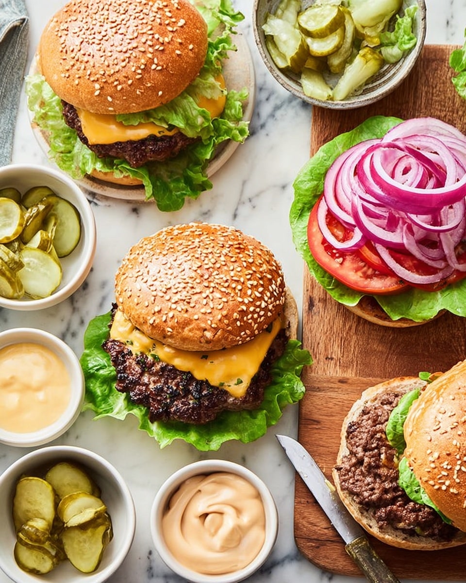 The image shows three burgers on a white marbled surface, each with a sesame seed bun. The burgers have layers starting with green lettuce on the bottom bun, followed by cooked dark brown beef patties, and topped with different slices: some have red tomato slices, others have folded slices of melted yellow cheese, and thin rings of purple-red onion are added on top. One burger is fully assembled with the top bun in place, while two are open-faced, showing the layers clearly. There is a small white bowl filled with sliced green pickles near the top, and a light green bowl in the center contains a creamy beige sauce. A wooden cutting board holds one burger with a knife placed beside it. The scene is bright and clean, with some loose slices of pickles and onion scattered around. photo taken with an iphone --ar 4:5 --v 7