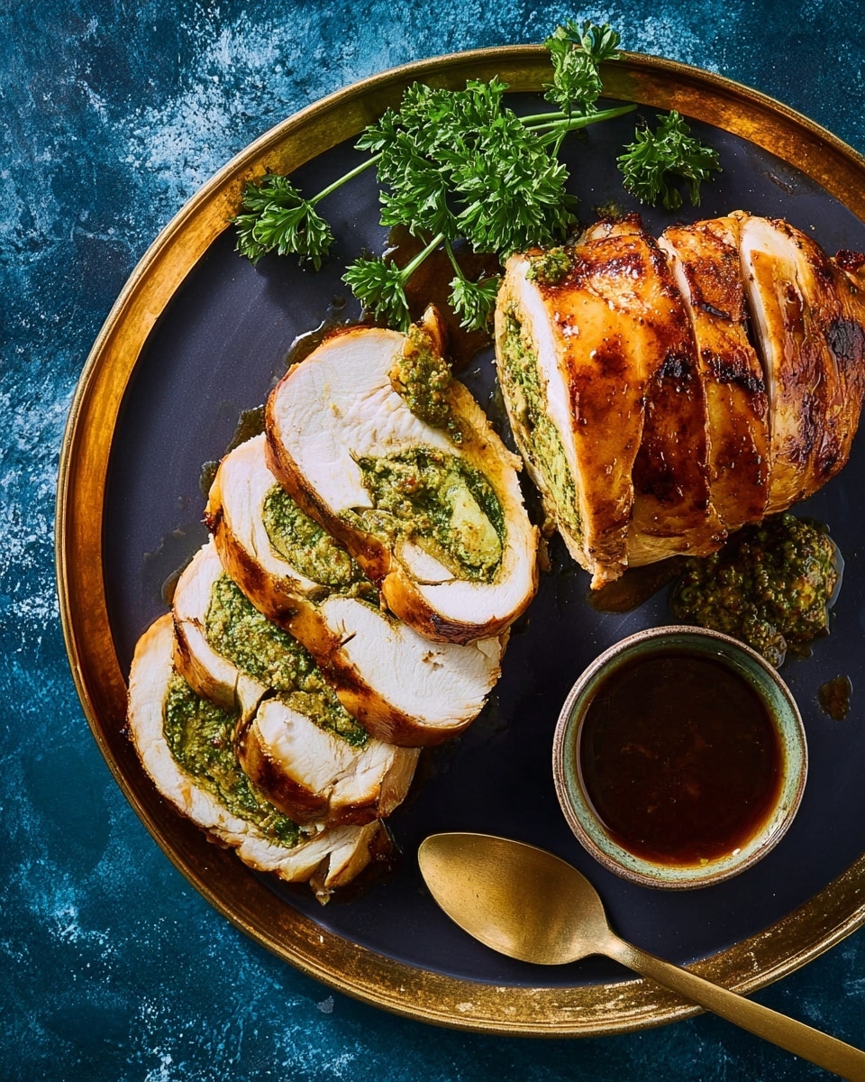 The image shows a roast meat dish on a white plate with a dark inner circle and a gold rim. On the right side, there is a large piece of golden-brown roasted meat with a shiny, slightly crispy surface. To the left, two thick slices of the meat reveal a light pink inside with a green herb sauce spread inside the cuts. A gold spoon lies under the two slices, pointing downward. Fresh green parsley sits near the bottom middle of the plate, next to a small gold bowl filled with dark sauce. The plate is placed on a white marbled surface. photo taken with an iphone --ar 4:5 --v 7