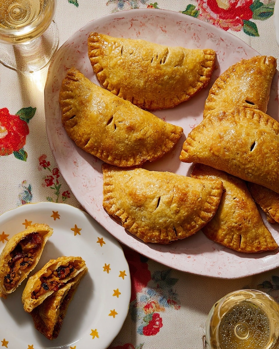 The image shows a white oval plate with six golden brown baked pastries arranged closely together. Each pastry has a half-moon shape with crimped edges and a slightly shiny, flaky crust that looks crispy and textured. Small holes are pierced into the top of each pastry. To the right, there is a white round plate with orange star patterns holding a single pastry broken in half, revealing a dark filling inside. The scene is set on a floral patterned cloth and a white marbled texture surface, with two glasses of a light bubbly drink partly visible at the edges. photo taken with an iphone --ar 4:5 --v 7
