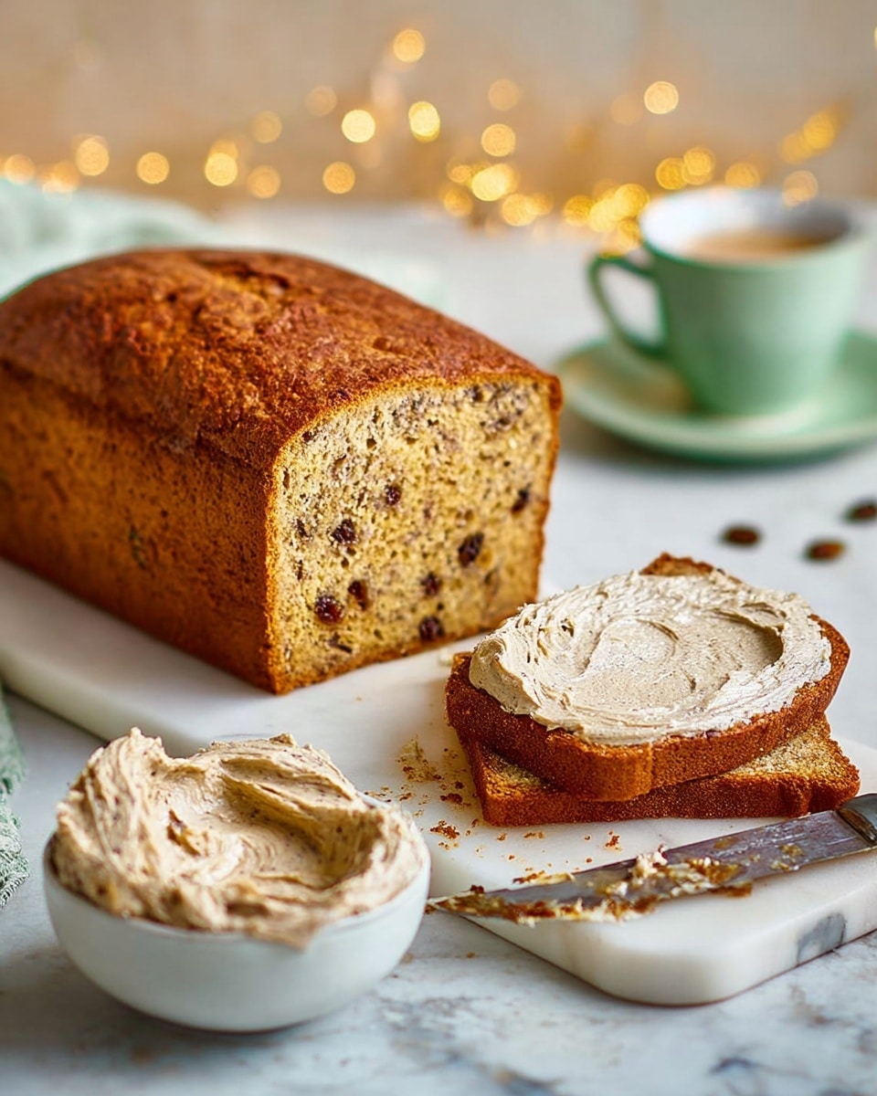 A golden-brown loaf cake with a slightly crispy crust is displayed on a white cutting board over a white marbled texture. Two thick slices lie next to the loaf, one spread with a light brown creamy frosting with soft swirls. The cake’s inside texture looks moist and dotted with dark raisins. In the foreground, a white bowl contains more frosting with a drizzle of honey, while a silver knife with some frosting rests on the board. Soft, warm lights and a blurred pastel green cup and saucer appear in the background. Photo taken with an iphone --ar 4:5 --v 7