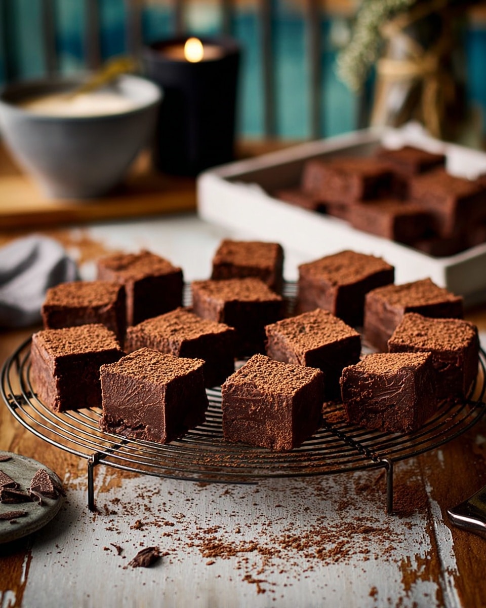 Several small square pieces of chocolate fudge are arranged on a round metal cooling rack. Each piece has a rough, slightly crumbly top layer with a dense, rich chocolate texture visible on the sides. The fudge squares are dark brown and evenly sized, placed in rows within the rack. In the background, there is a white tray filled with more chocolate squares. A black candle sits in a gray bowl on the left side, and a rustic wooden table with a weathered look is visible beneath everything, but the background surface is shown as a white marbled texture. The warm and cozy setting suggests a homemade, inviting treat. Photo taken with an iphone --ar 4:5 --v 7