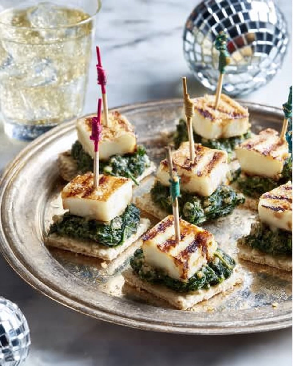 A round silver tray holds several small square crackers as the bottom layer. On top of each cracker is a layer of cooked dark green spinach, which looks soft and slightly glossy. The top layer is a small, thick, lightly grilled piece of white cheese with light brown grill marks. Each appetizer is held together by a thin colorful toothpick, with colors like red, green, yellow, blue, and orange. The tray is placed on a white marbled surface, and there is a clear glass with water and a silver disco ball nearby. Photo taken with an iphone --ar 4:5 --v 7