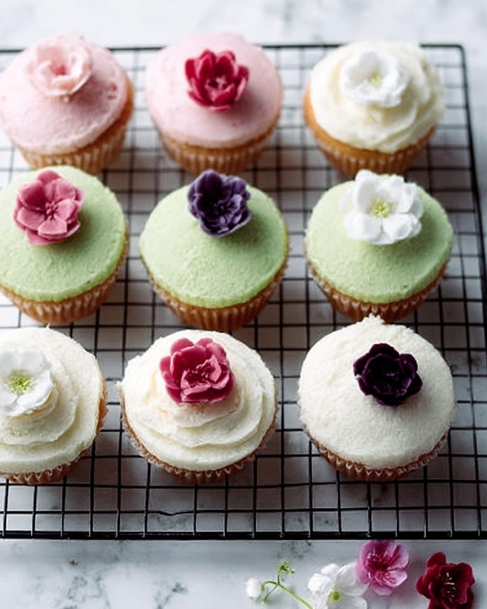 Nine cupcakes are arranged in three rows on a black cooling rack, which sits on a white marbled surface. Each cupcake has a smooth layer of pastel frosting in pink, light green, or white. On top of each cupcake, there is a small flower decoration matching the frosting color, with pink flowers on pink frosting, white flowers on green frosting, and small purple clusters on white frosting. Near the bottom right corner of the cooling rack, there are a few extra flower decorations placed next to the cupcakes. The overall look is soft and delicate. Photo taken with an iphone --ar 4:5 --v 7
