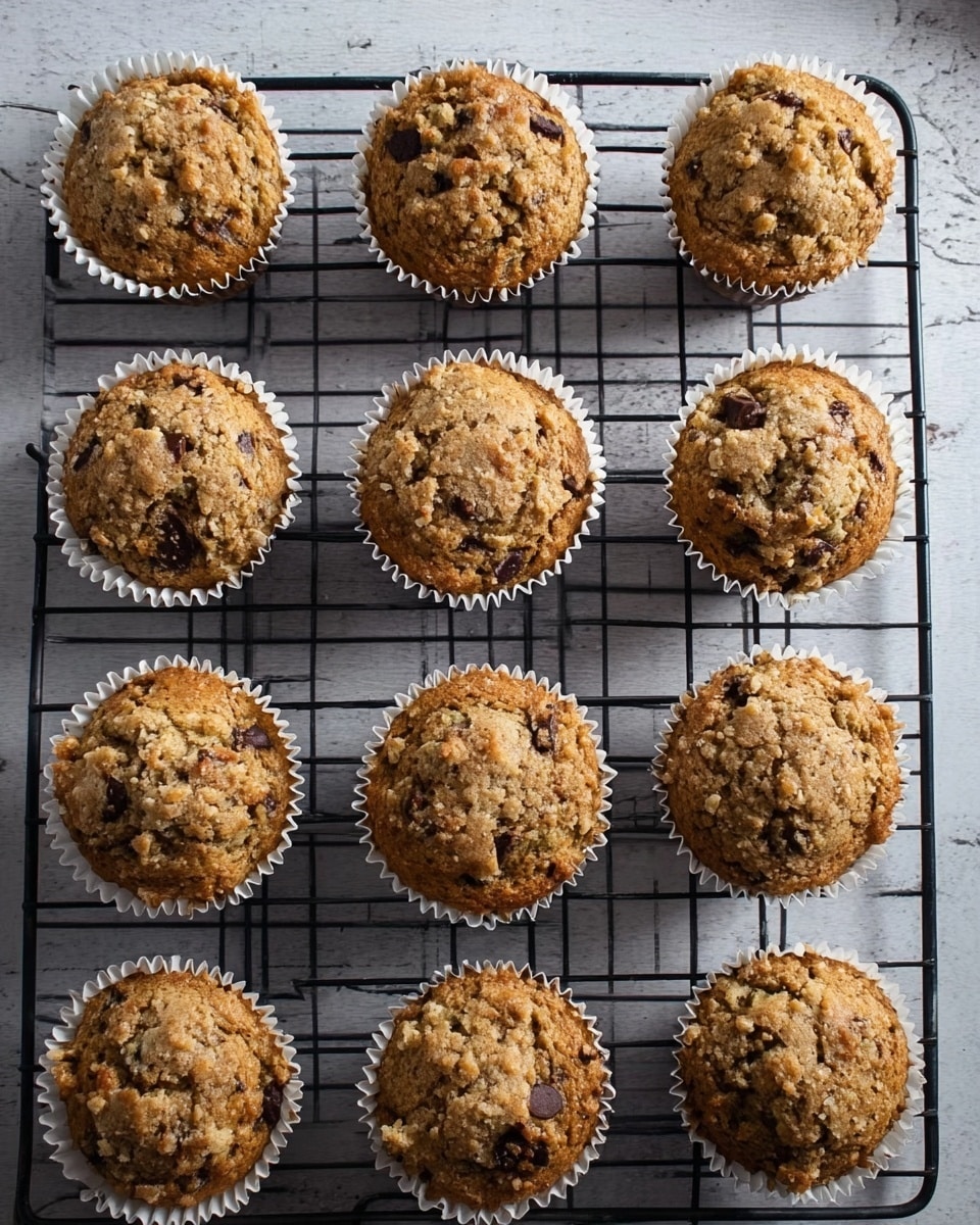 Twelve muffins are evenly placed on a black cooling rack over a white marbled surface. Each muffin is in a white paper liner, with a golden-brown top that is slightly cracked, showing bits of chocolate and nuts inside. The muffins have a rough texture on top, with some darker chocolate pieces visible near the surface. The overall look is warm and freshly baked, with a natural, rustic feel. photo taken with an iphone --ar 4:5 --v 7