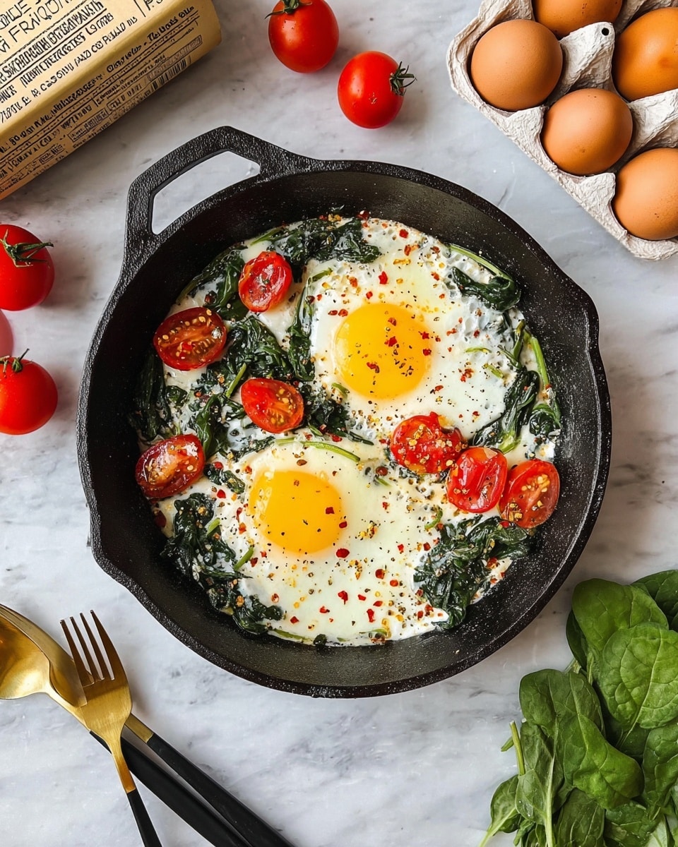 A black cast iron pan holds two sunny-side-up eggs with bright yellow yolks and white, slightly crispy edges. Around the eggs, chopped green spinach leaves and halved red cherry tomatoes are scattered. Red pepper flakes are sprinkled lightly over the eggs and vegetables. The pan sits on a white marbled surface, surrounded by a cluster of whole cherry tomatoes, fresh green spinach leaves, a carton of brown farm eggs, and a gold and black fork and knife set placed below the pan. Photo taken with an iphone --ar 4:5 --v 7