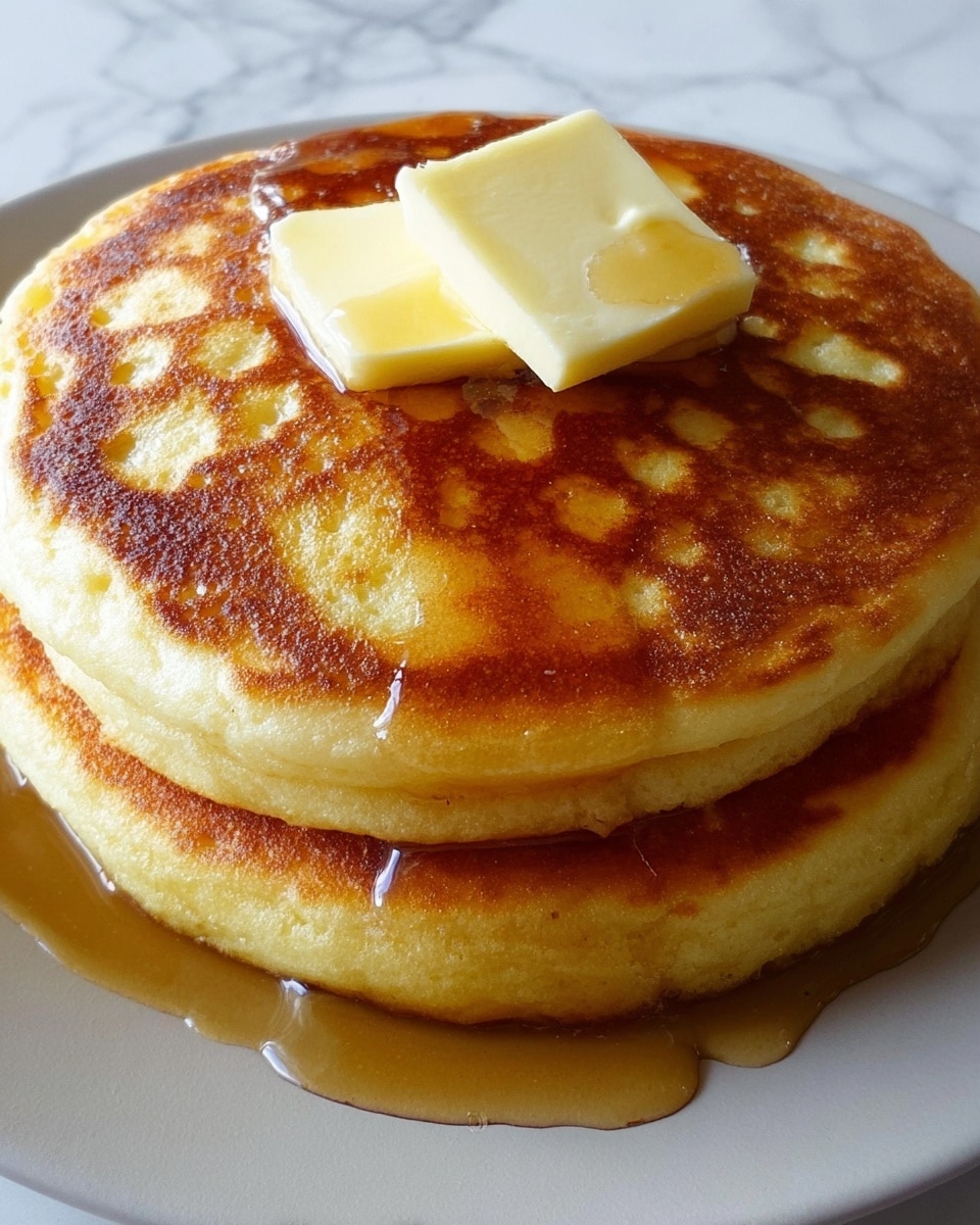 A stack of three thick, golden-brown pancakes sits on a white plate. The top pancake is slightly uneven with a soft, fluffy texture. On top, two square pats of butter melt slowly, with syrup glistening and dripping gently down the sides of the stack. The plate rests on a white marbled surface. photo taken with an iphone --ar 4:5 --v 7