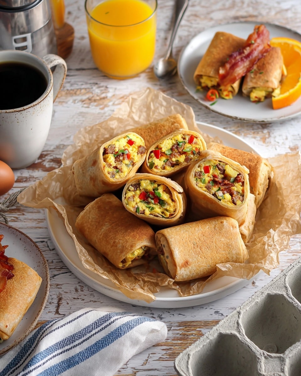 A bowl lined with crumpled brown parchment paper holds seven golden-brown breakfast burritos, two of which are cut in half to show the colorful filling inside made of scrambled eggs, green herbs, red bell peppers, and browned sausage pieces. The bowl is placed on a white speckled plate. Around it, there is a white plate with blue stripes that holds a folded biscuit, and another white plate with blue stripes closer to the bottom left corner that has a sliced burrito piece and a strip of crispy bacon. To the left, there is a mug filled with black coffee next to a silver spoon and a glass of orange juice with an orange slice inside. A striped blue and white cloth napkin is folded near the top right corner on a white marbled surface. A gray egg carton is visible on the right side of the image. photo taken with an iphone --ar 4:5 --v 7