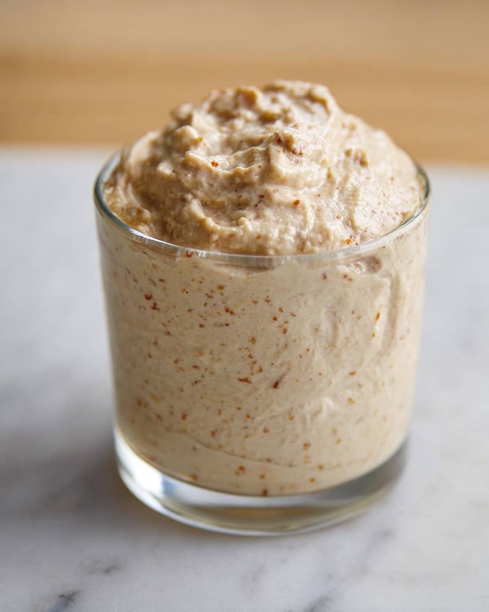 A clear glass filled with a thick, beige paste that has small darker brown specks mixed throughout, the paste slightly overflowing at the top with a rough, uneven texture. The glass sits on a white marbled surface with a soft, blurred background. photo taken with an iphone --ar 4:5 --v 7