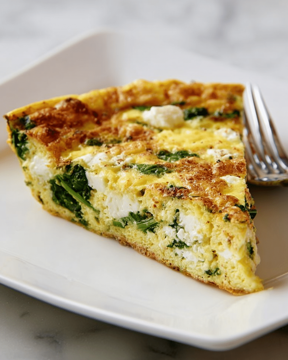 A single slice of a spinach and cheese frittata sits on a white plate with slightly curved edges. The frittata has three visible layers: a light golden-yellow egg layer on top with a slightly browned, textured surface; a dotted white creamy cheese layer beneath it; and fresh, dark green spinach leaves folded into the egg base. The edges of the slice are slightly crisp and browned. A silver fork rests behind the frittata slice on the plate, and the background shows a white marbled surface. photo taken with an iphone --ar 4:5 --v 7