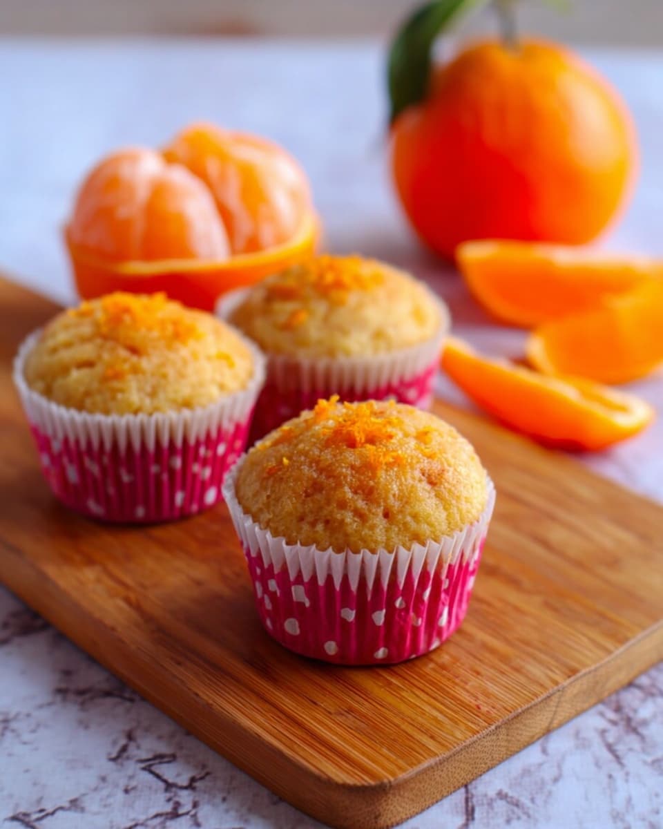 Three orange-topped muffins in pink and white polka dot paper cups sit side by side on a light wooden board, each muffin showing a golden-brown crust with small orange zest pieces on top. Behind the muffins, two whole and one peeled orange are placed, the peeled orange showing its bright orange segments. The scene is set on a white marbled surface. photo taken with an iphone --ar 4:5 --v 7