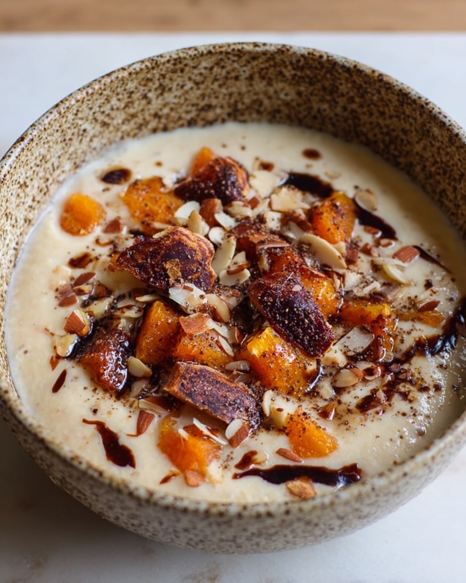 A white bowl with a rough, speckled edge holds a dish with three visible layers. The bottom layer is a smooth, creamy beige base that fills most of the bowl. On top of this is a light drizzle of dark brown sauce spread unevenly. The top layer consists of small, chunky pieces in dark red, orange, and brown shades, resembling bits of fruit or nuts scattered over the sauce. The bowl sits on a white marbled surface. photo taken with an iphone --ar 4:5 --v 7
