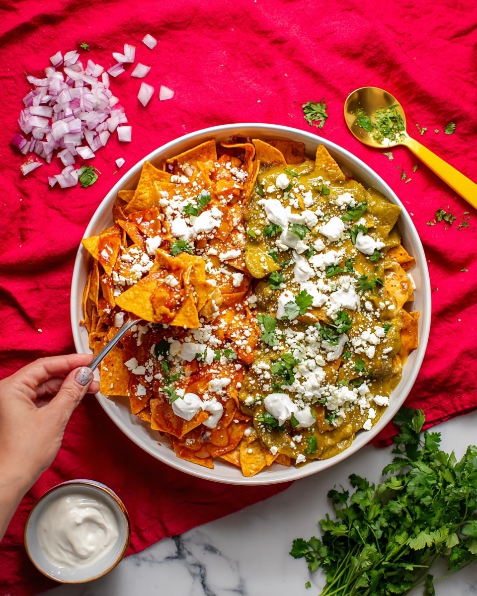 A white shallow bowl is filled with two types of chilaquiles, split down the middle: on the left side, reddish-orange corn chips soaked in red sauce with a soft texture, and on the right side, green sauce-soaked chips with a slightly chunky texture. Both sides are topped with white crumbled cheese, dollops of sour cream, small white onion pieces, and chopped fresh green cilantro. A woman's hand holding a spoon is lifting some of the reddish chilaquiles from the left side. The bowl sits on a vivid red cloth with scattered chopped white onion on the top left, a small white bowl of sour cream with a spoon on the top right, a bunch of fresh cilantro on the bottom right, and a yellow spoon with chopped green herbs on the bottom left, all on a white marbled surface. photo taken with an iphone --ar 4:5 --v 7