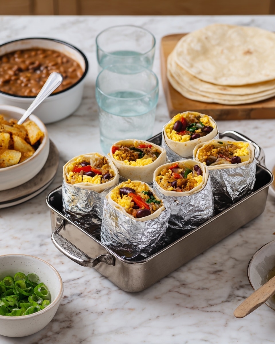 Six breakfast burritos stand upright in a rectangular metal tray. Each burrito is wrapped in a white tortilla with shiny silver foil covering the bottom half, revealing colorful fillings on top. The fillings show three main layers: golden scrambled eggs with a soft texture at the top, beneath that a mix of sautéed red bell peppers and dark mushrooms, and at the bottom, light brown cooked beans and wilted green spinach visible. The background is a white marbled surface with a small white bowl of green chopped scallions, a white bowl with brown baked beans and a silver spoon, two glasses of water, a stack of white tortillas on a wooden board, and a white dish holding golden crispy hash browns nearby. Photo taken with an iphone --ar 4:5 --v 7