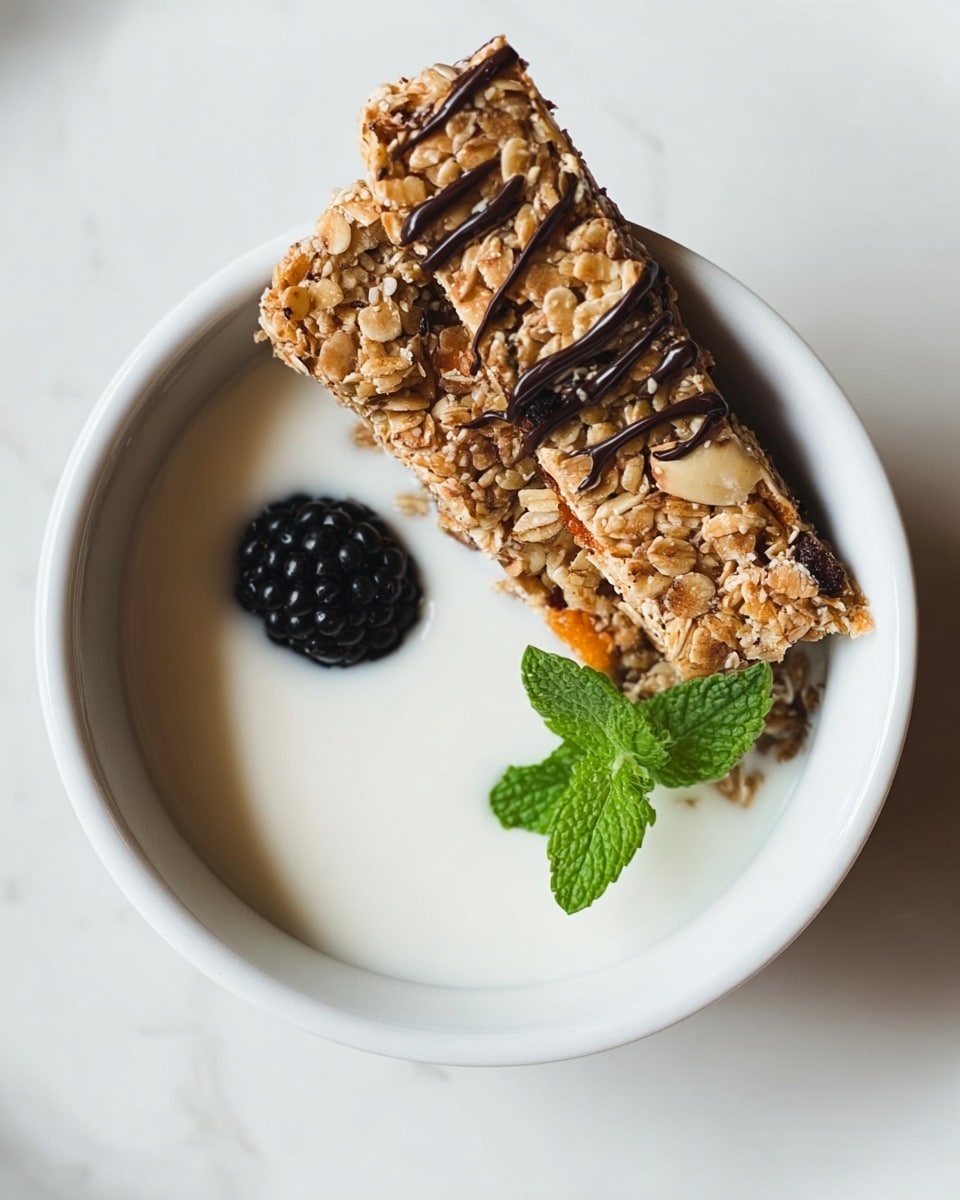 A white bowl with a layer of smooth white yogurt at the bottom is shown. Inside the yogurt, a fresh dark blackberry and a small green mint leaf are placed side by side near the edge. Leaning inside the bowl from the top edge are two rectangular granola bars with a rough texture, golden brown color, oats, nuts, dried fruit pieces, and dark chocolate drizzle. The bowl sits on a white marbled surface. The photo taken with an iphone --ar 4:5 --v 7
