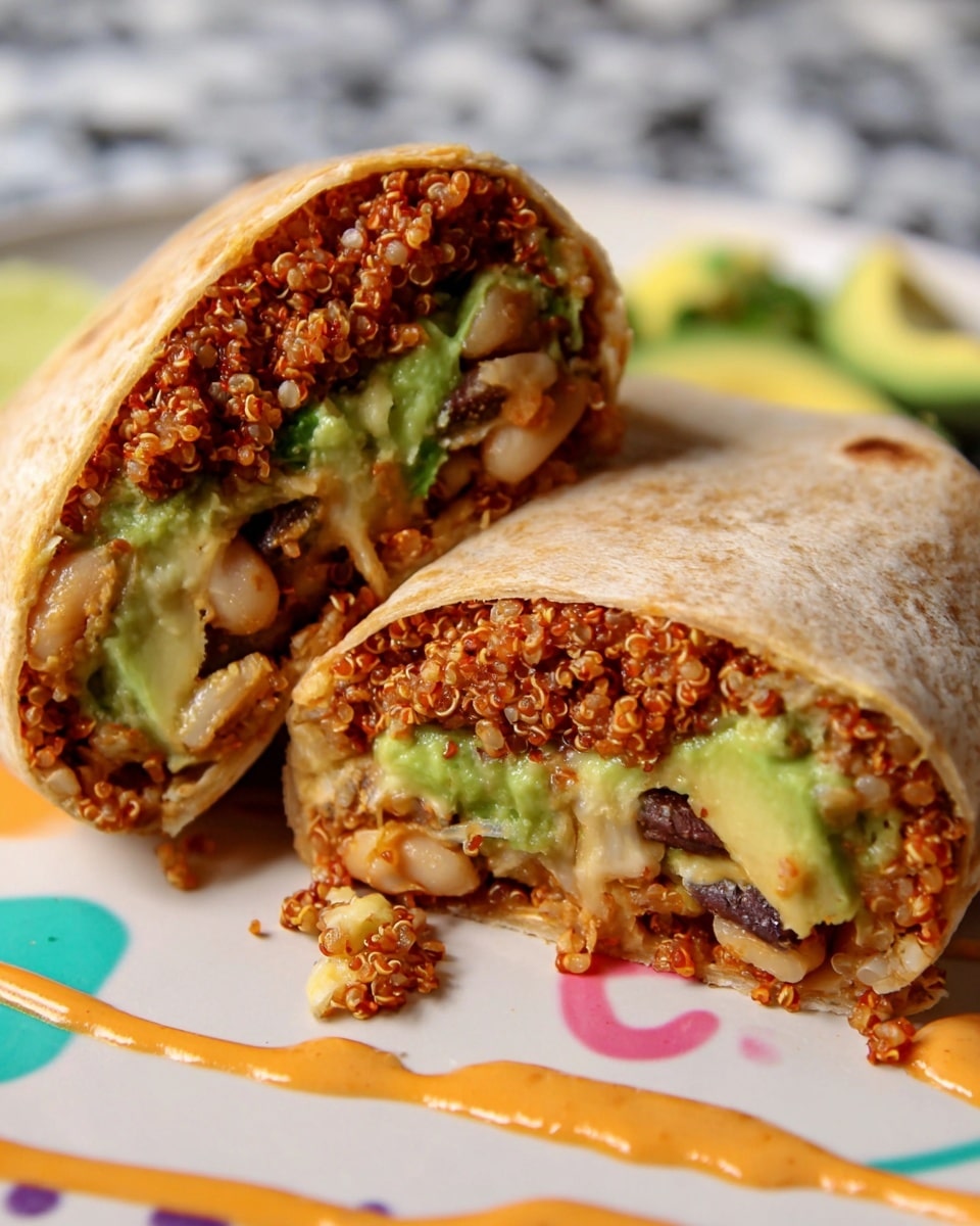 The image shows two halves of a wrap placed closely on a flat surface with a white marbled texture. Each wrap has a light beige tortilla exterior with a few streaks of reddish sauce on top. The inside of the wrap has multiple visible layers: a top layer of reddish brown crumbly mix, followed by a layer with mixed green and creamy yellow parts, likely avocado and cheese, and at the bottom, light brown beans mixed with other fillings. In the background, there are blurred elements, including some scattered beans and some green leaves. photo taken with an iphone --ar 4:5 --v 7