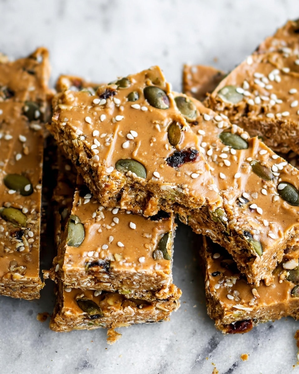 A close-up view shows several rectangular granola bars stacked and arranged on a white marbled texture, with pieces revealing a dense, chewy texture inside. Each bar has a light brown top layer that looks creamy and slightly glossy, sprinkled with white sesame seeds. Underneath the top layer, you see a mix of oats, raisins, and green pumpkin seeds, giving a grainy and chunky look with a mix of light tan, dark brown, and green colors. The bars are thick and have rough edges, showing a crunchy but chewy consistency. photo taken with an iphone --ar 4:5 --v 7