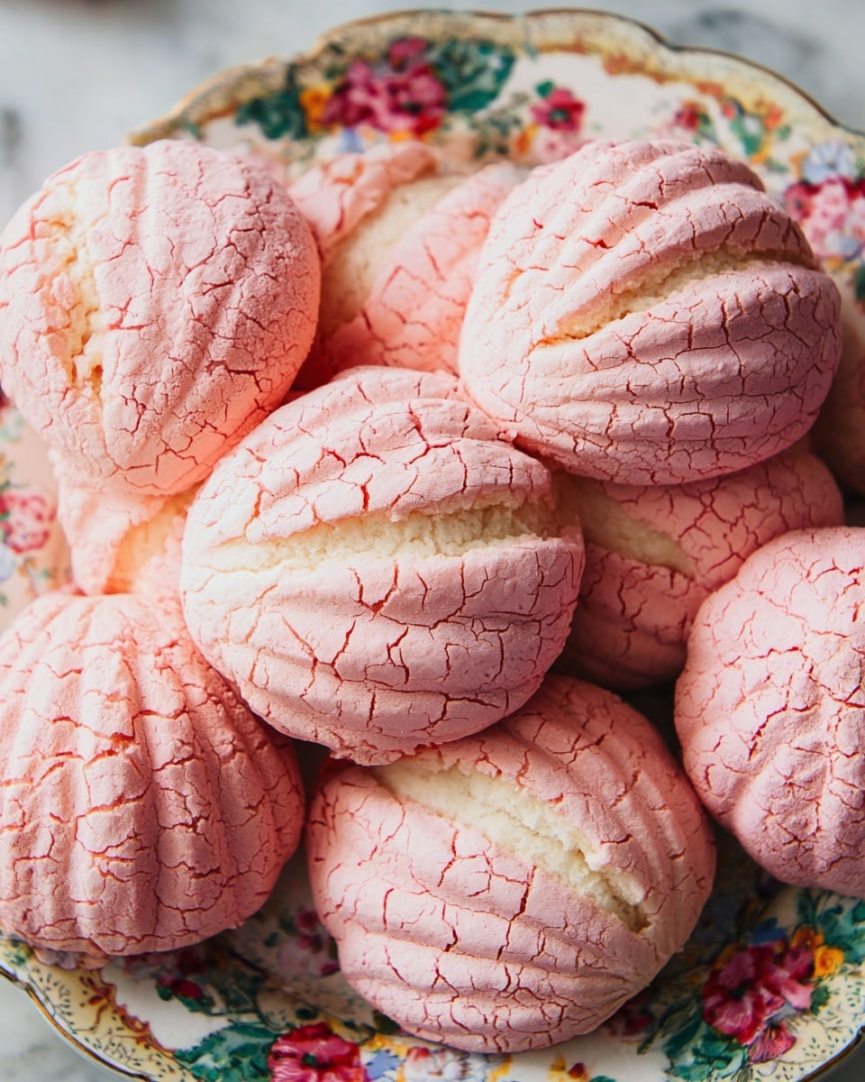 A close-up view of several pink concha sweet breads with a cracked sugar topping. Each piece has a round shape with a shell-like patterned layer of light pink sugar crust on top, showing white dough underneath through the cracks. The breads are piled together on a white plate with a colorful floral design. The surface under the plate shows a soft, white marbled texture. photo taken with an iphone --ar 4:5 --v 7