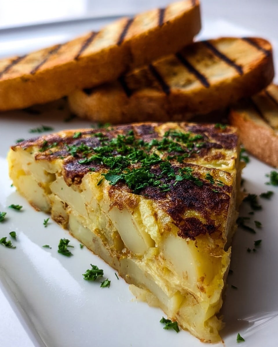 A close-up of a triangular slice of Spanish tortilla shows two thick layers of light yellow cooked potatoes inside, topped with a golden-brown crispy outer layer. On top, there are small pieces of fresh green parsley scattered for garnish. Behind the tortilla slice, two pieces of grilled white bread slices lean diagonally against a soft white background with a white marbled texture. The textures of the tortilla and bread appear slightly rough and toasted, highlighting the contrast between crisp and soft parts. photo taken with an iphone --ar 4:5 --v 7