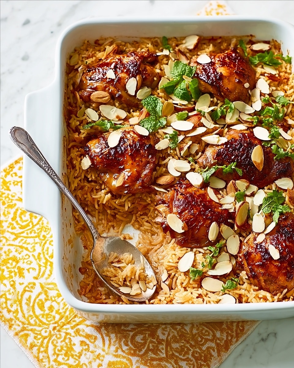 A white rectangular dish filled with a layer of orange-brown rice at the bottom, topped with five pieces of golden-brown cooked chicken arranged evenly. The chicken has a shiny, slightly crispy texture, and is garnished with scattered toasted almond slices and fresh green cilantro leaves. Lightly fried pale onion rings are spread over the chicken and rice, adding some texture contrast. A silver spoon is placed inside the dish, slightly scooping some rice, with a woman's hand holding a white cutting board visible at the top. The dish sits on a yellow and white patterned cloth on a white marbled surface. Photo taken with an iphone --ar 4:5 --v 7