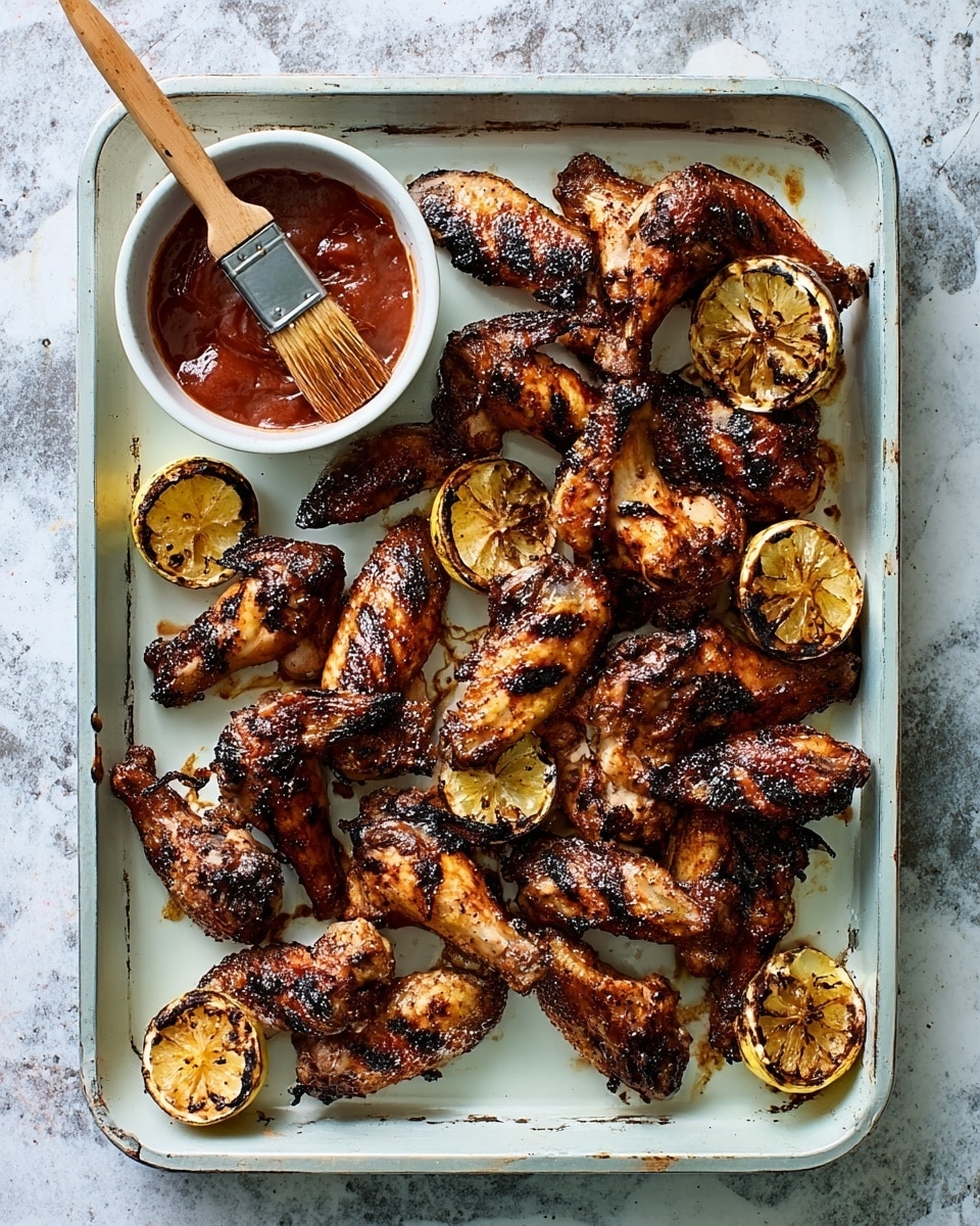 The image shows a white metal tray filled with grilled chicken wings that are dark brown and charred, giving them a crispy texture. Scattered among the wings are several grilled lemon halves with a slightly blackened surface. On the left side of the tray, there is a small white bowl filled with reddish-brown barbecue sauce and a basting brush resting inside it. The tray is placed on a white marbled surface. Photo taken with an iphone --ar 4:5 --v 7