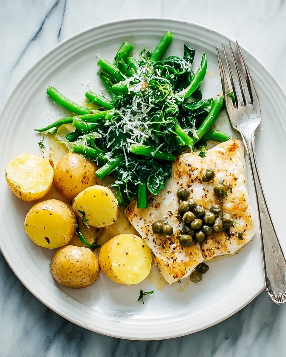 The image shows a white round plate with a meal that has three main parts: in the center, there is a piece of cooked fish with light golden skin, topped with small round green capers scattered around it; to the left and slightly below, there are halved small yellow potatoes cooked until soft with a light golden outside; to the right, there is a mix of bright green steamed vegetables including long green beans and spinach leaves, sprinkled with small white flakes of grated cheese. The plate sits on a white marbled surface with a silver fork placed at the top left of the plate. Photo taken with an iphone --ar 4:5 --v 7