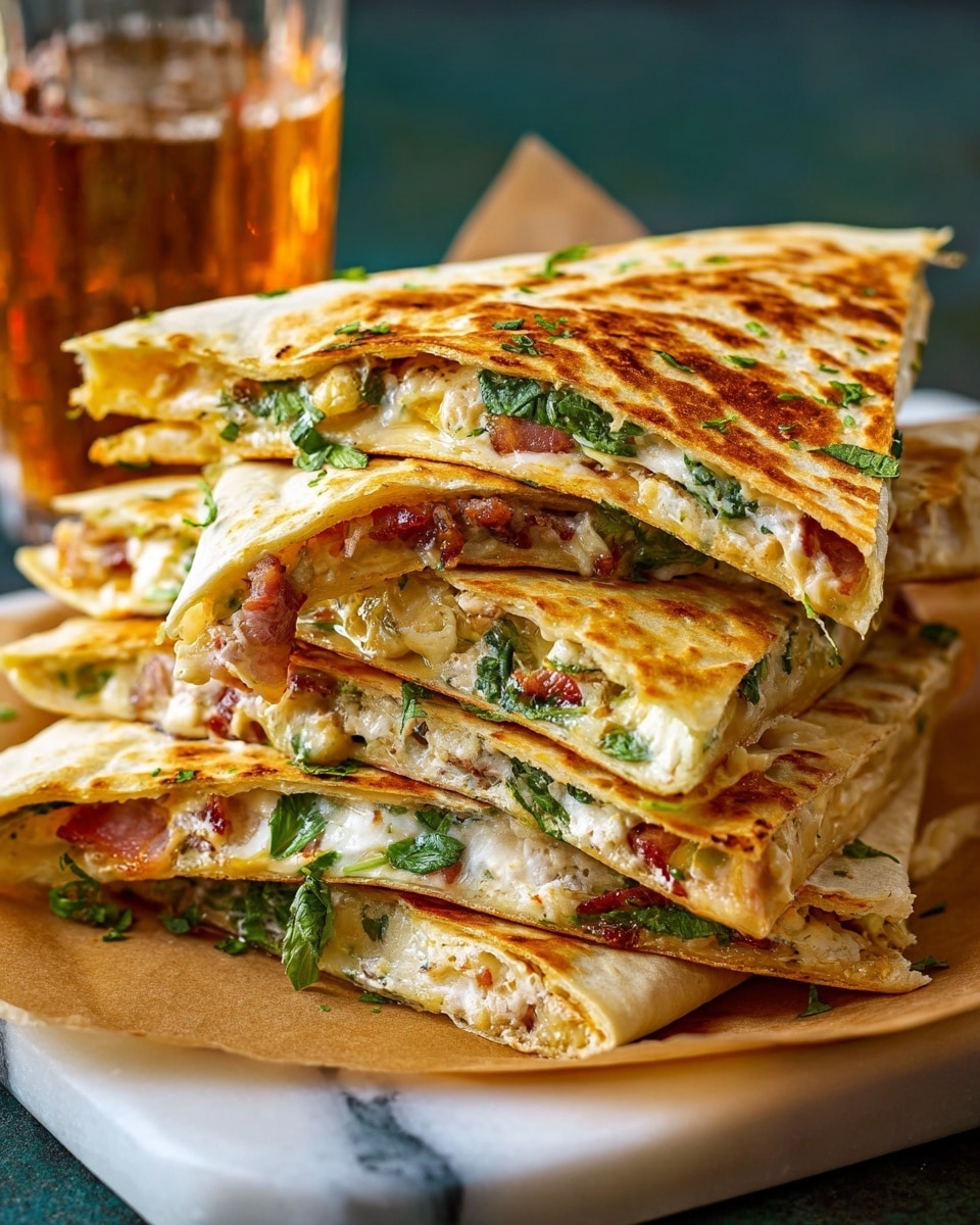 The image shows a stack of six triangular quesadilla pieces arranged unevenly on a white marbled surface inside a dark baking tray lined with brown parchment paper. Each quesadilla layer has a golden toasted tortilla with slightly browned spots, filled with visible layers of melted white cheese, bits of cooked bacon or ham, and fresh green herbs or spinach. The edges of the tortillas are crisp and the cheese filling looks soft and creamy, peeking out from between the layers. In the background, there are blurry glasses with a light amber drink, giving a cozy and inviting feel. photo taken with an iphone --ar 4:5 --v 7