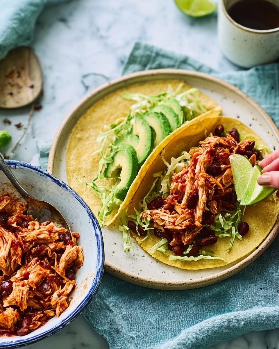 Two soft yellow tortillas are stacked on a round white plate with a black rim, placed on a white marbled surface. The bottom tortilla shows shredded red chicken mixed with cooked onions and red sauce, topped with a few black beans scattered on the surface. Above, green sliced avocado and chopped green lettuce add fresh color and texture, layering the dish in three clear parts: tortilla, chicken mix with beans, and fresh veggies on top. Nearby, a blue-rimmed white bowl shows some leftover chicken mixture with a spoon inside, and a small black cup with a dark liquid sits beside, all resting on a light gray cloth. A woman's hand is gently touching the plate's edge. Photo taken with an iphone --ar 4:5 --v 7