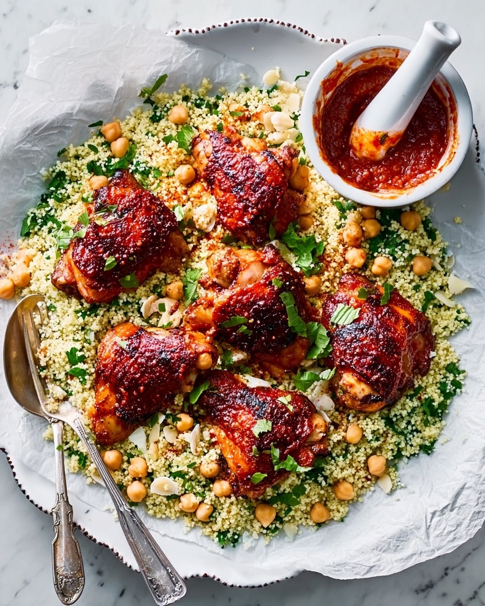 The image shows a white plate filled with a bed of pale yellow couscous mixed with green herbs and light beige chickpeas, creating a textured and slightly crumbly base layer. On top of the couscous, there are seven evenly spread pieces of well-cooked chicken thighs with shiny, dark reddish-brown, slightly charred skin, giving a rich and crispy appearance. A white bowl with a dark red sauce and a white mortar partially covered with sauce is placed in the lower right corner of the plate. A metal spoon and a fork rest on the upper right side of the plate on white parchment paper. The whole scene is set on a white marbled surface. Photo taken with an iphone --ar 4:5 --v 7