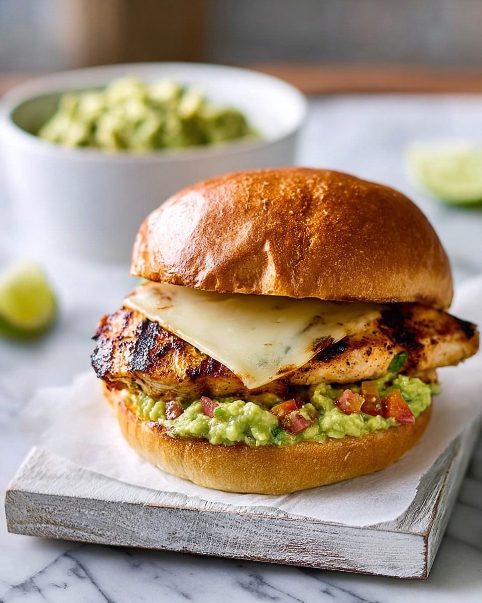 A grilled chicken sandwich is placed on a white square plate with a rustic look. The sandwich has four layers: a shiny, golden-brown top bun; a thick, juicy grilled chicken breast with char marks; a slice of pale yellow cheese slightly melted over the chicken; and a layer of chunky green guacamole mixed with small pieces of red tomato at the base. The bottom bun is also golden-brown and soft-looking. To the right of the sandwich, a white bowl filled with extra guacamole sits with a wedge of lime next to it, alongside a dark-handled knife. The background and surface are white marbled texture. photo taken with an iphone --ar 4:5 --v 7