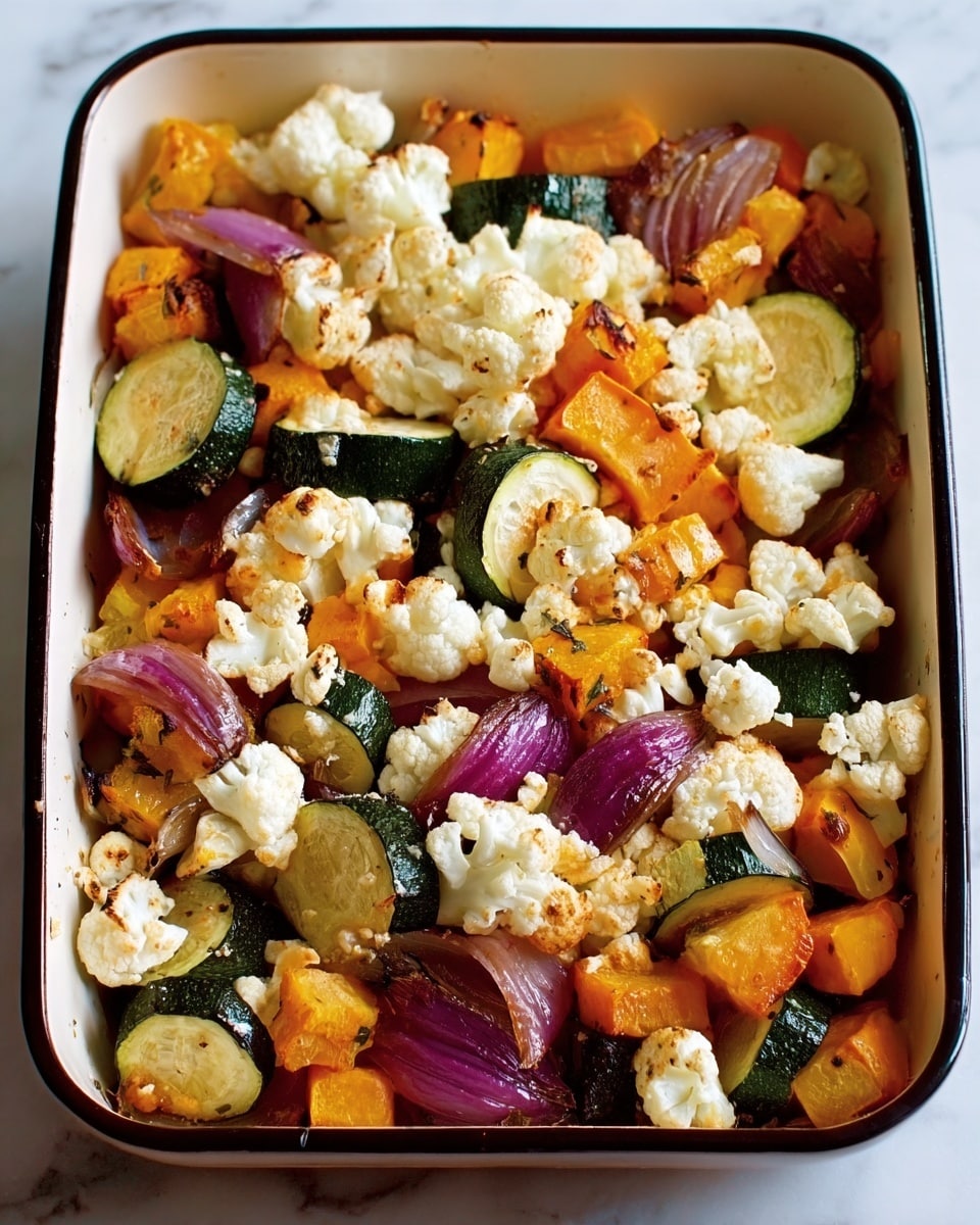The image shows a white baking tray filled with a mixed vegetable dish. The top layer consists of soft white cheese crumbs scattered unevenly. Underneath, there are thick slices of green zucchini with visible seeds, chunks of bright orange butternut squash, and large pieces of purple-red onion with slightly browned edges, all mixed together. The vegetables have a roasted texture with some caramelized spots, giving a warm and hearty look. The tray sits on a white marbled surface. photo taken with an iphone --ar 4:5 --v 7