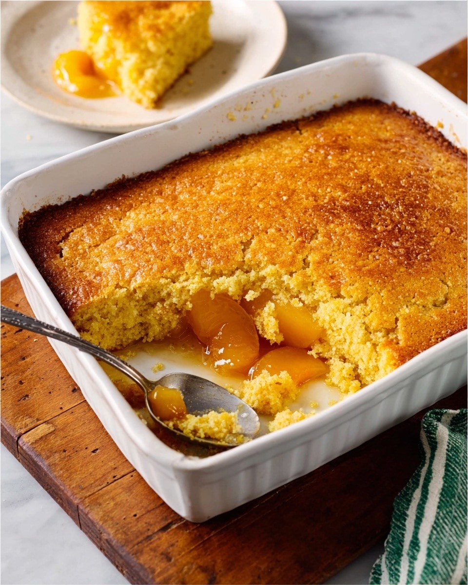 A rectangular white dish with golden brown cobbler topping that looks crumbly on top, revealing a bright yellow, slightly runny fruit filling underneath in the lower left corner; next to it is a silver spoon resting on a light brown wooden cutting board, with a portion of the cobbler served on a white plate in the background; a woman's hand is holding the spoon scooping some of the cobbler; the background surface is a white marbled texture with a pale green striped cloth partially visible on the right side; photo taken with an iphone --ar 4:5 --v 7