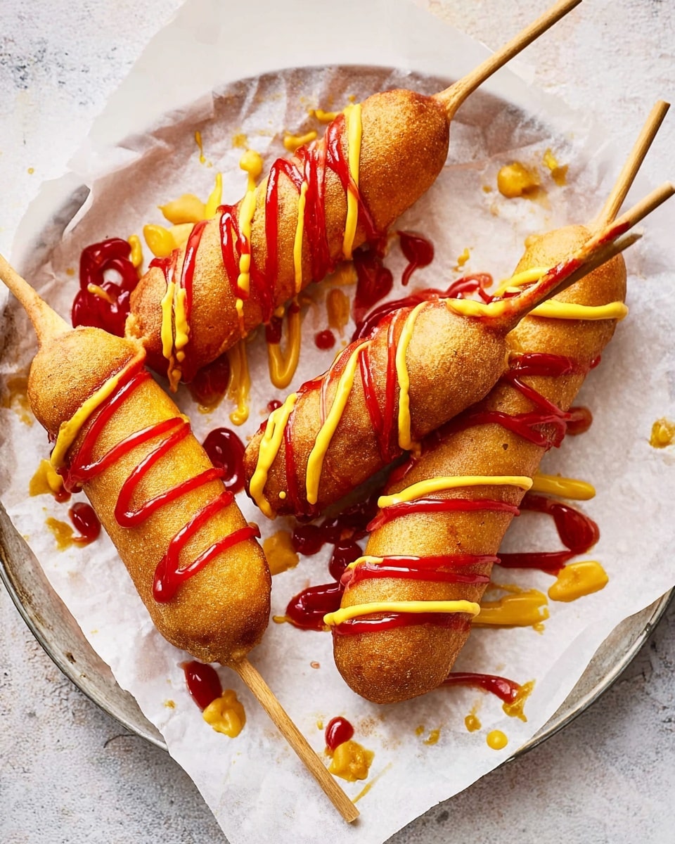 Four golden brown corn dogs, each on a wooden stick, lie on a sheet of white parchment paper that covers a white plate. The corn dogs are thick and crispy, and their coating has a textured, slightly grainy look. Bright red ketchup and smooth yellow mustard are drizzled in stripes across the corn dogs, some sauce dripping onto the parchment paper and plate. The plate rests on a white marbled surface with subtle gray veining and some rustic, weathered details around the plate edges. photo taken with an iphone --ar 4:5 --v 7