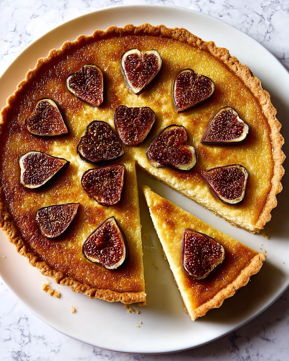 The image shows a round tart with a golden brown crust and a smooth, shiny golden filling. There are nine halved figs arranged evenly on top, with their dark purple skin and textured red interiors adding contrast. One wedge of the tart is cut out, showing a soft, moist inside with a thin crust at the bottom. The tart sits on a white plate, placed on a white marbled surface, with part of a white cloth napkin visible to the side. Photo taken with an iphone --ar 4:5 --v 7