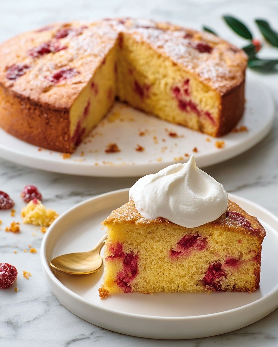 The image shows a round, golden brown cake with a moist texture and red berry pieces inside, placed on a white plate in the background. A slice is cut out from the cake, revealing its soft, yellow crumb with scattered red berries. In the foreground, the slice sits on a white plate topped with a generous swirl of white whipped cream that has tiny dark specks. Next to the slice is a gold fork. The setting is on a white marbled surface, with some crumbs scattered around, giving a fresh and inviting look. Photo taken with an iphone --ar 4:5 --v 7