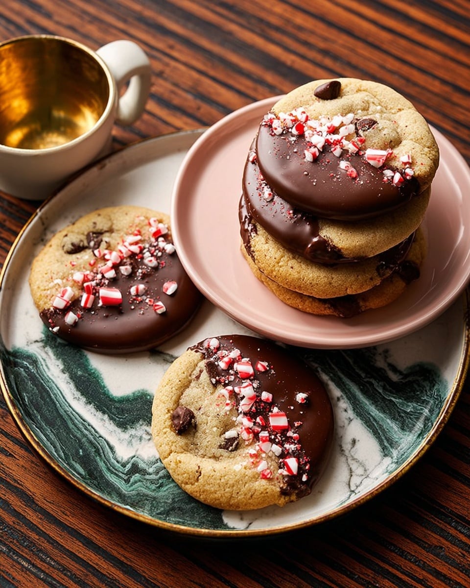 Four round cookies with a light golden-brown color and visible chocolate chips are arranged, three on a white plate and one on a dark green round board. Each cookie is half-dipped in glossy dark chocolate, with small crushed red and white peppermint candy pieces sprinkled on the chocolate side. The white plate sits on the green board, all on a white marbled texture surface. A white and gold empty teacup is placed to the left of the cookies, reflecting light. photo taken with an iphone --ar 4:5 --v 7