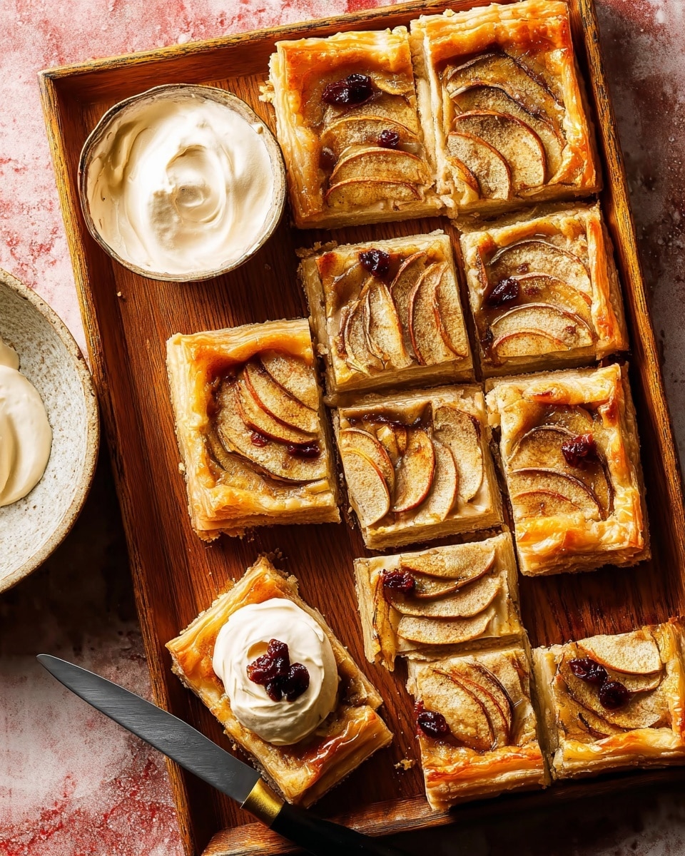 The image shows a rectangular tray with twelve square pieces of baked apple tart arranged in three rows, each tart featuring thin, overlapping slices of apple on top with a golden-brown crust around the edges and slightly caramelized apple slices creating a textured pattern. One of the pieces has been cut and separated, topped with a dollop of white cream and a few small dark berries. In the upper left corner of the tray, there is a small white bowl filled with creamy, light beige sauce. The tray is placed on a surface with white marbled texture. Photo taken with an iphone --ar 4:5 --v 7