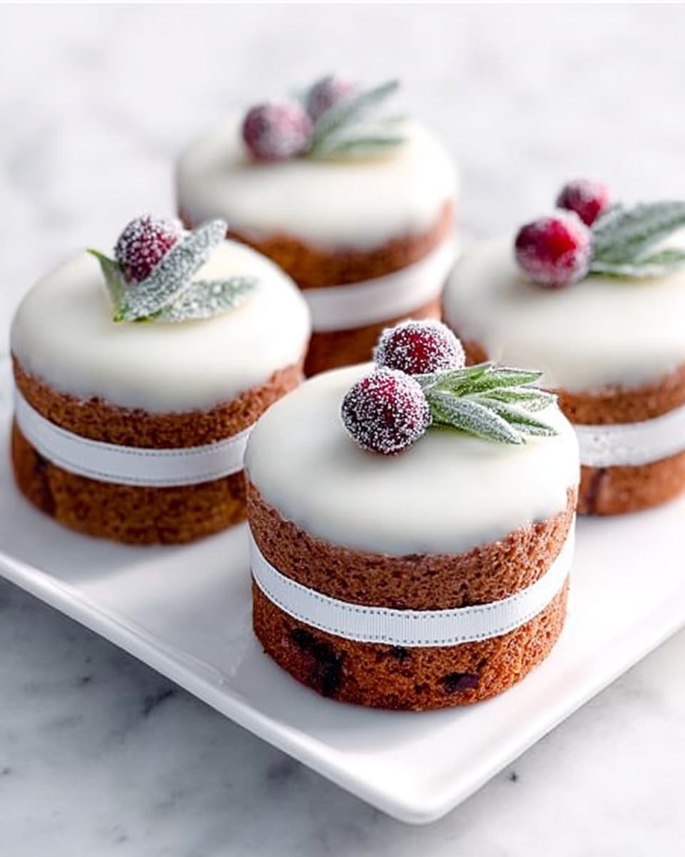 The image shows four small round cakes, each with two dark brown textured cake layers separated by a smooth white icing layer in the middle. On top of each cake, there is a thick, smooth white icing layer covering the surface. Each cake is decorated with two small red berries and a thin green rosemary sprig placed on top, with a light dusting of white sugar on the berries giving a frosted look. One cake on the left side has a silver ribbon tied around its sides, adding a decorative touch. The cakes are arranged on a clean white rectangular plate, placed on a white marbled surface. Photo taken with an iphone --ar 4:5 --v 7