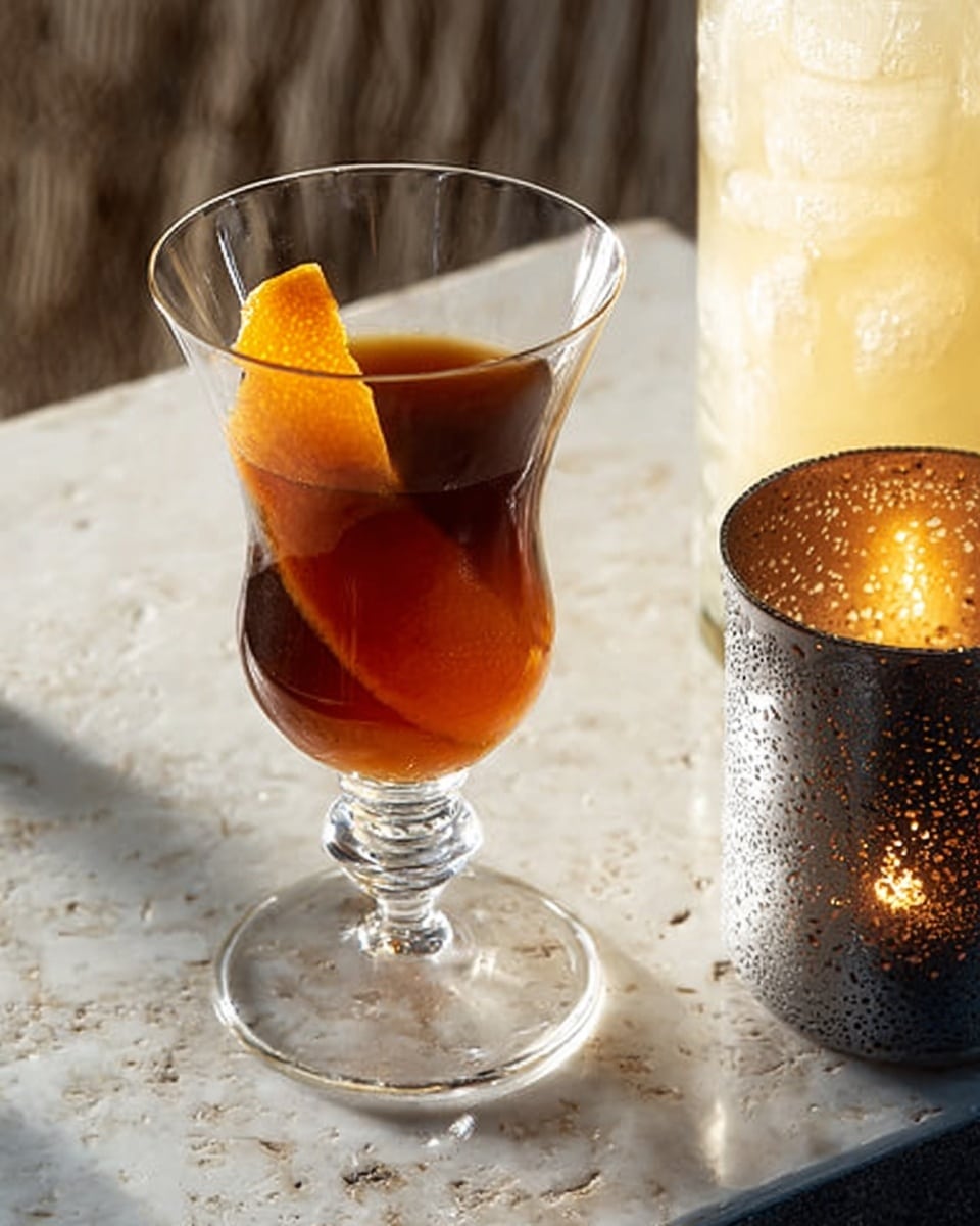 A clear, tall glass with a wide rim and a rounded stem contains two layers of liquid: a rich, deep amber-colored drink fills most of the glass, topped with a large, bright orange peel garnish that curls inside the glass, creating a contrast with the dark liquid below. The glass stands on a surface with a white marbled texture, next to a white cup filled with a frothy, creamy pale yellow drink with ice cubes. Behind the glass, a softly glowing candle in a silver, textured holder adds warm light to the scene. Photo taken with an iphone --ar 4:5 --v 7