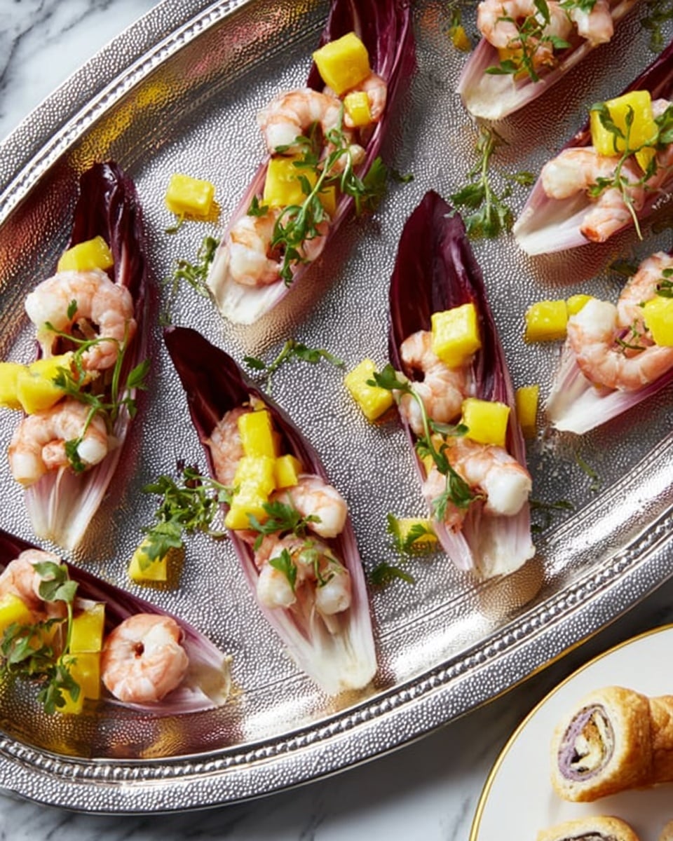 A silver platter holds 12 endive leaves, each filled with a colorful mix of layers: the bottom layer is a deep purple-red endive leaf with a crisp texture, topped with small, pale pink cooked shrimp pieces, bright yellow mango cubes, and scattered green microgreens as garnish. The shapes are elongated, and each endive boat is neatly filled, creating a fresh, vibrant look against the silver tray. The background shows a white marbled texture and part of a white plate with pastry pieces. Photo taken with an iphone --ar 4:5 --v 7
